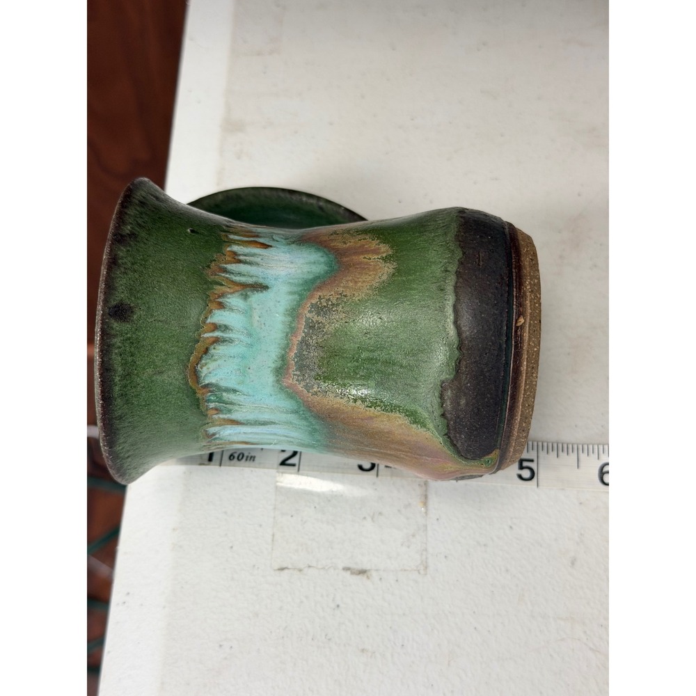 Studio Pottery Mug Green Turquoise Drip Glaze Hand Thrown Signed Stoneware - Picture 10 of 11